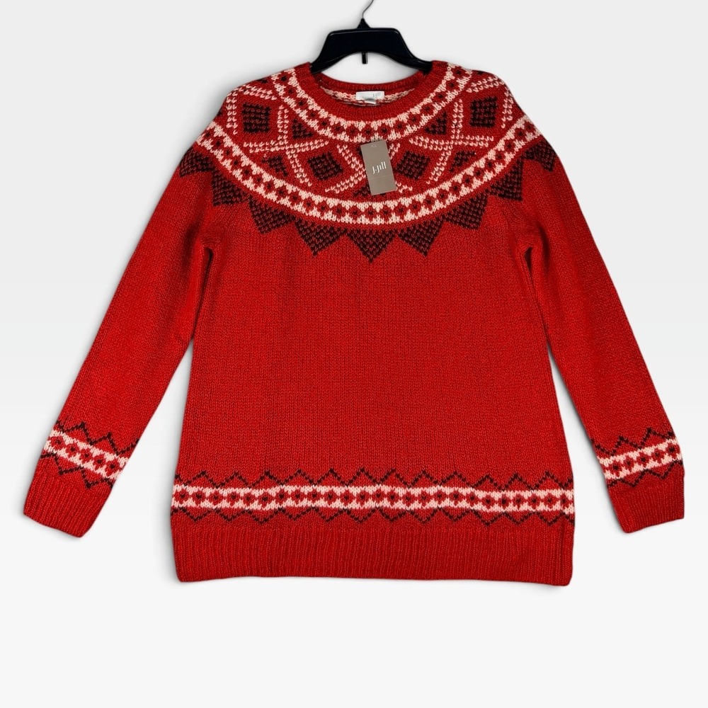 J. Jill Fair Isle Sweater Womens Medium Tall Red Multi Wool Blend NWT
